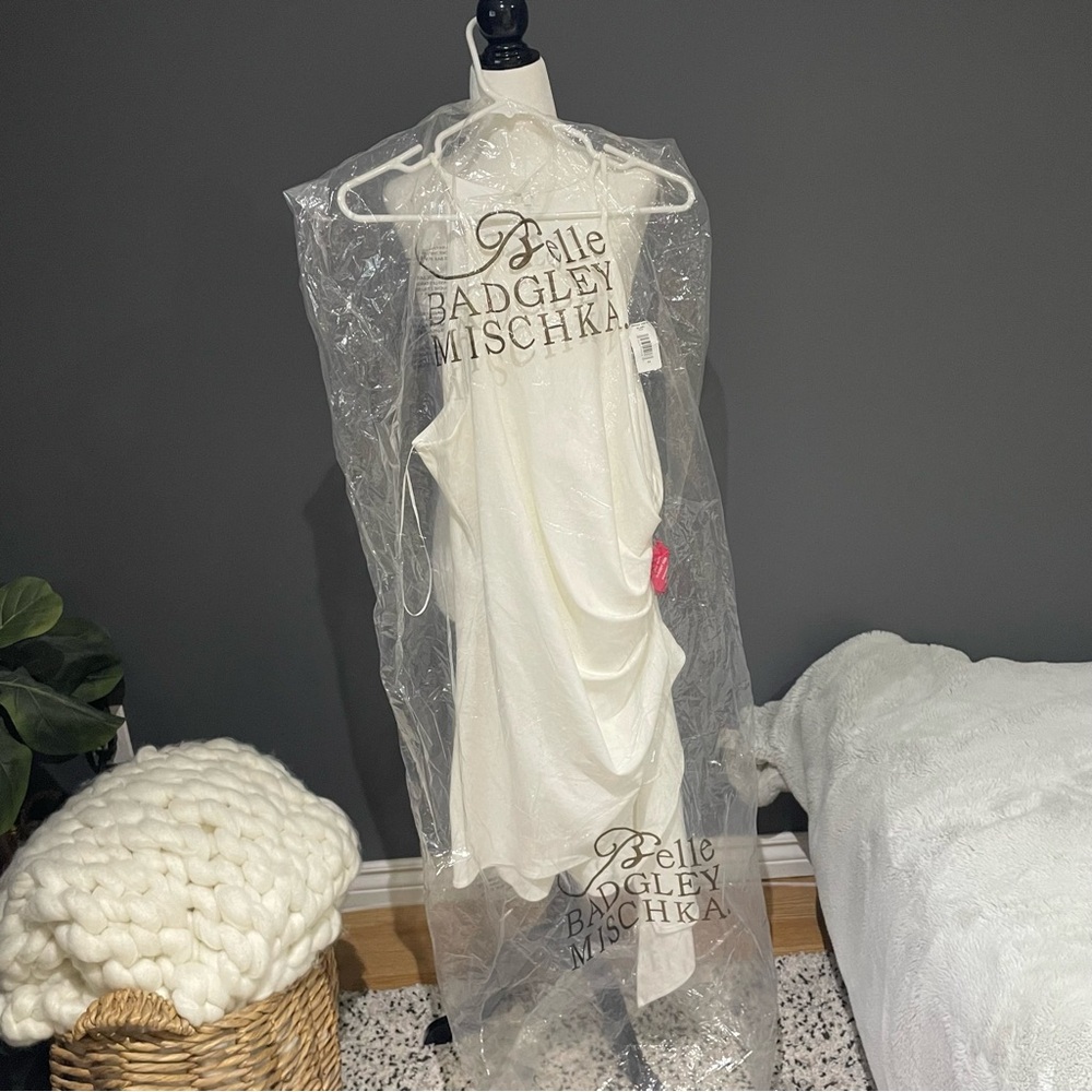 Badgley Mischka White Mini Party Dress with Draped Detailing - Picture 6 of 8